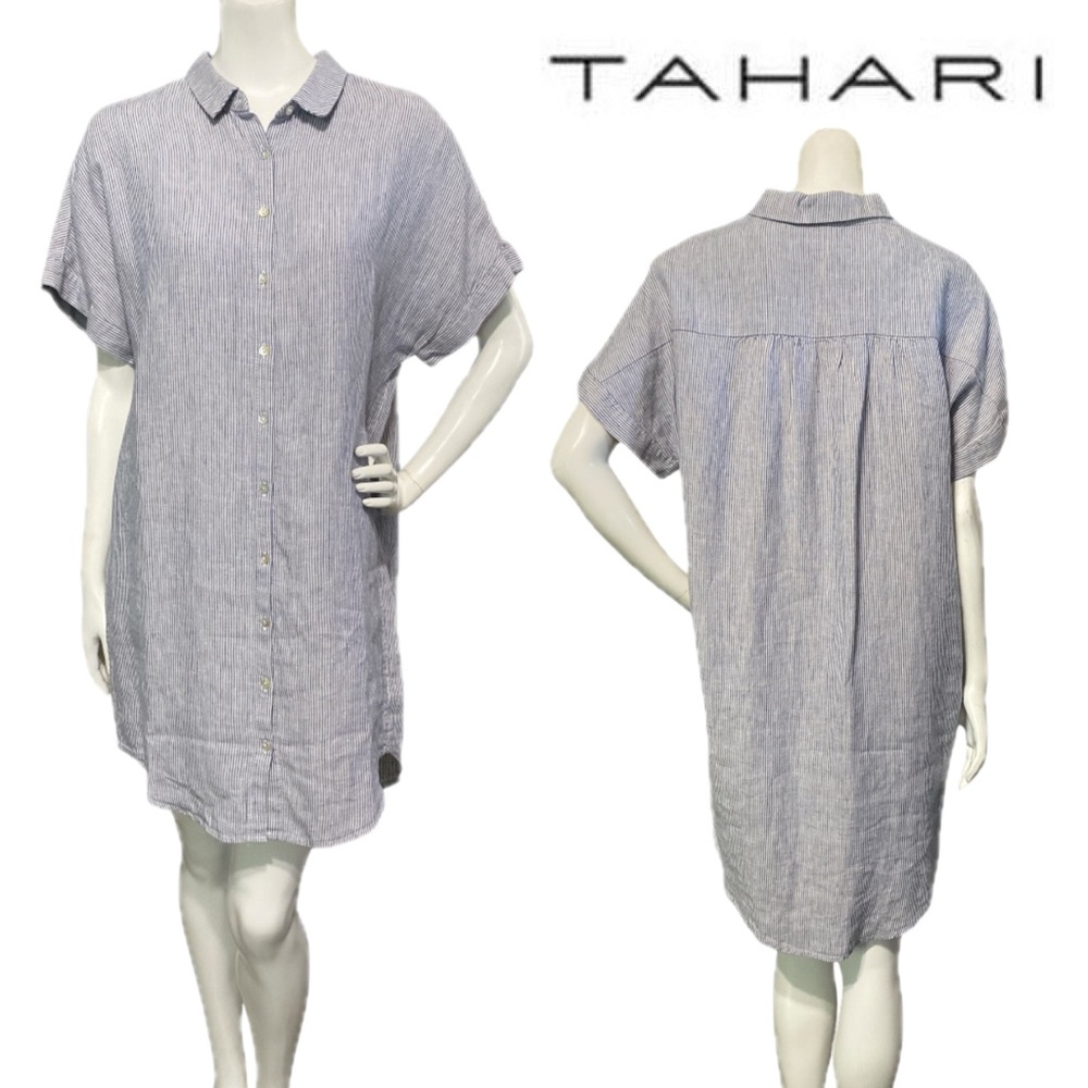 TAHARI 100% Linen Blue Striped Short Sleeves Button Shirt Midi Dress Size Medium